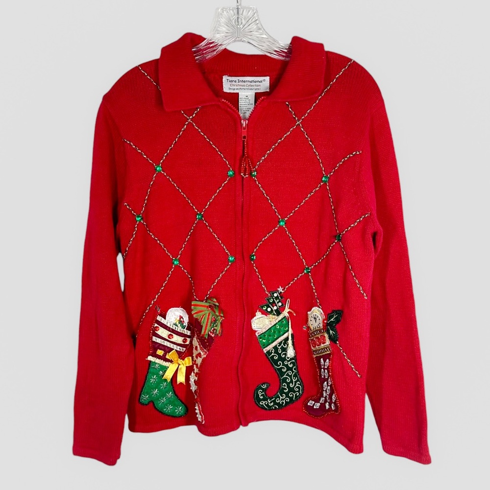 Vintage Tiara International Ugly Christmas Sweater Size Medium Stocking Beading
